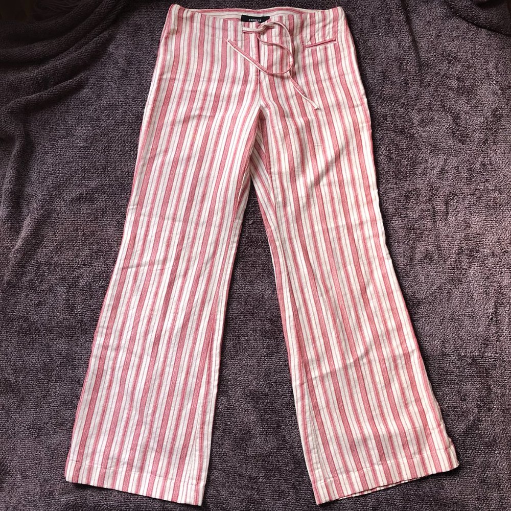 Express, Linen and Cotton, Red and Cream Striped Wide Leg Pant, Size 3/4 - Picture 2 of 11